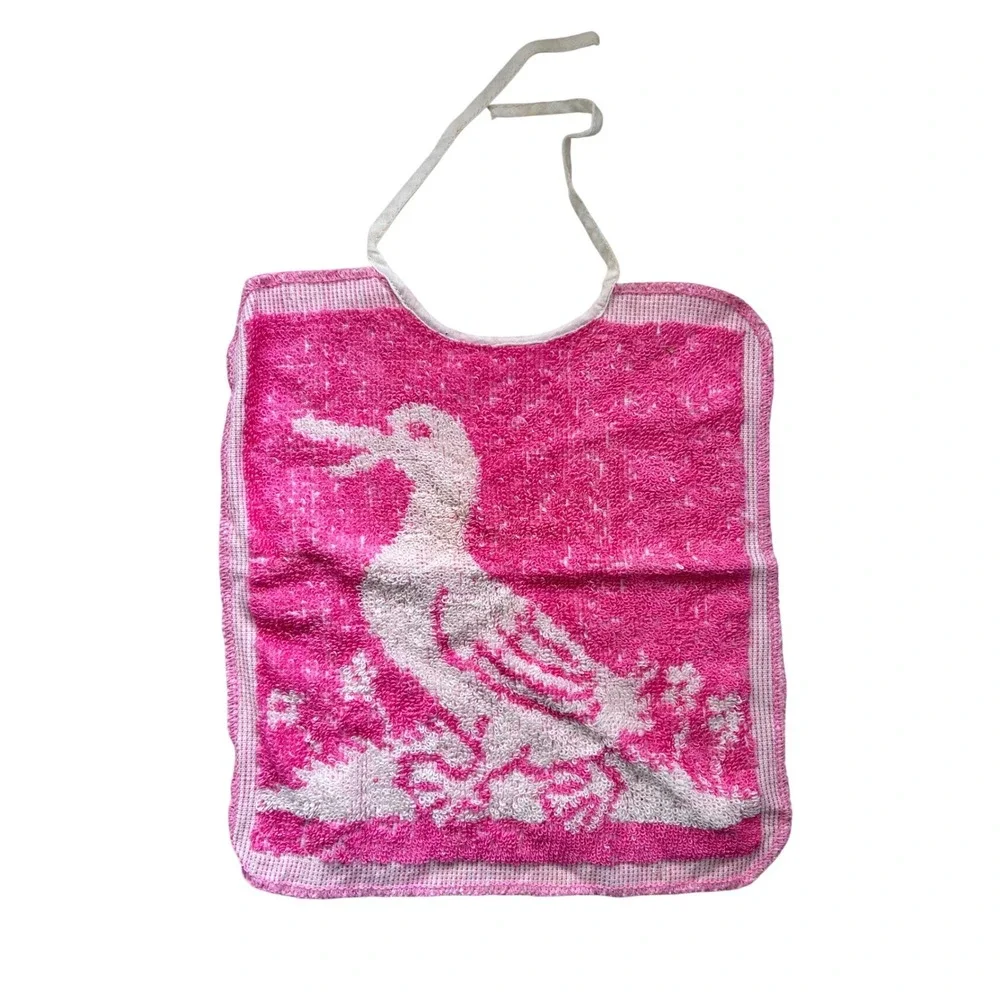 Vintage Pink Terry Cloth Baby Bib White Duck Graphic Retro Tie Neck Nursery